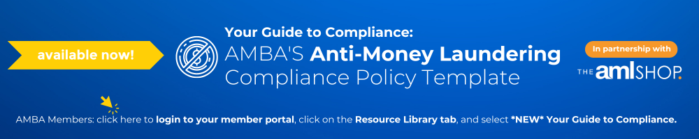 Graphic with a yellow arrow, crossed out money graphic and text that reads: Your Guide to Compliance, AMBA's Anti-Money Laundering Compliance Policy Template